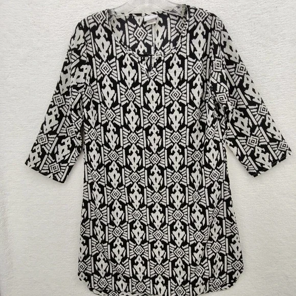 All For Color Dresses | Womens Aztec Print Shift Dress Size M Black White 3/4 Sleeve Knee Length Rayon | Color: Black/White | Size: M | Karinomarino's